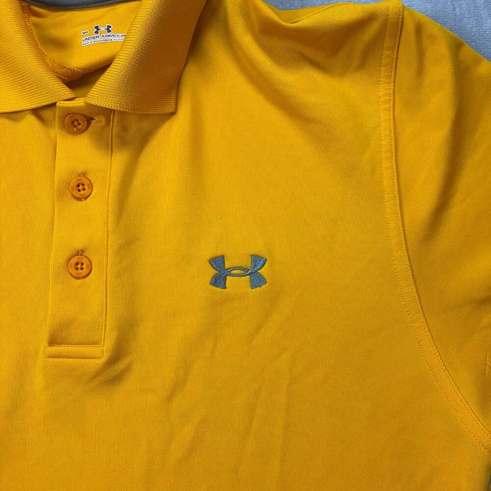 Under Armour Polo Shirt Men Small Yellow HeatGear Golf Athletic Performance Logo - Picture 7 of 10